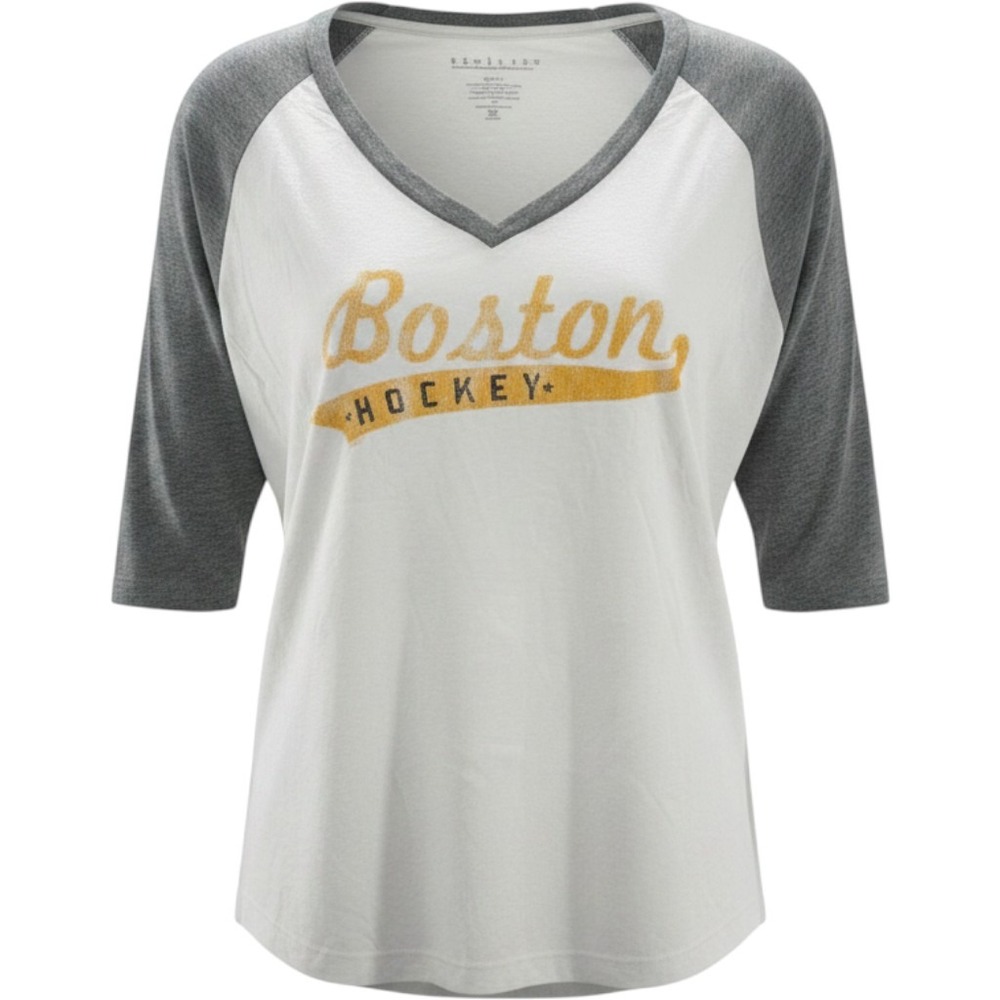 Retro Brand Boston Bruins NHL Hockey Raglan V-Neck Tee Shirt Womens M/L NEW